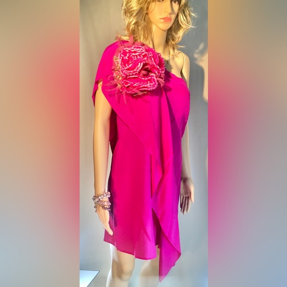 GREYLIN Pink One shoulder Silk Mini dress Draped Feminine Quiet Luxury Elegant - Picture 12 of 13